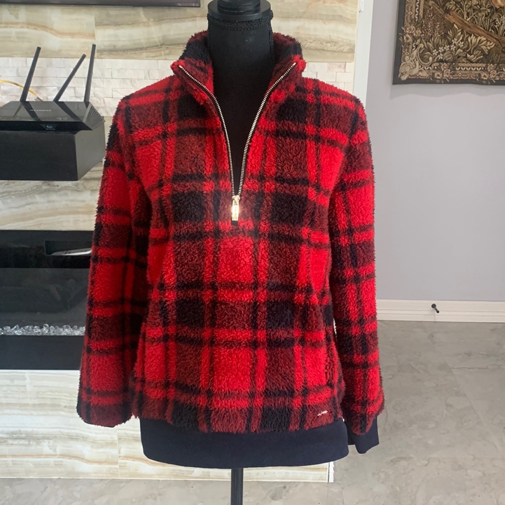 Calvin Klein Vintage Red/ Black Quarter Zip Checkered Jacket. Size S (964)
